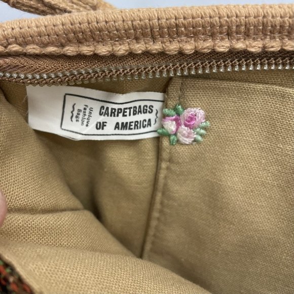 Vintage Carpet Bags Of America Shoulder Purse Zip Top Knit Boho Birds Tan Beige - Picture 12 of 16